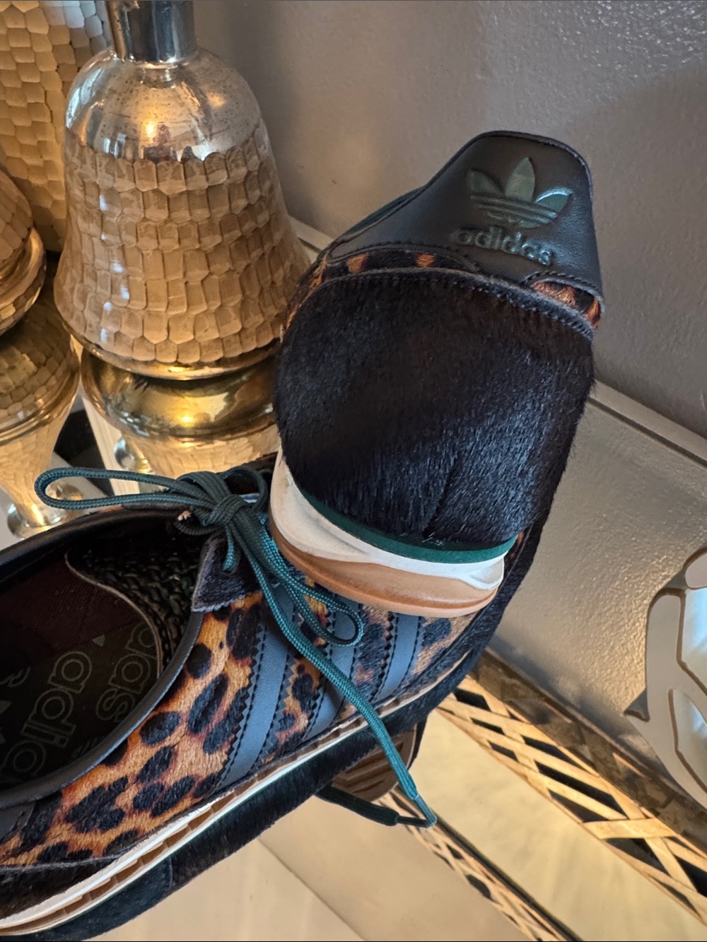 Adidas Leopard Calf Hair Sneakers with Black Stripes and Green Laces - Picture 7 of 8